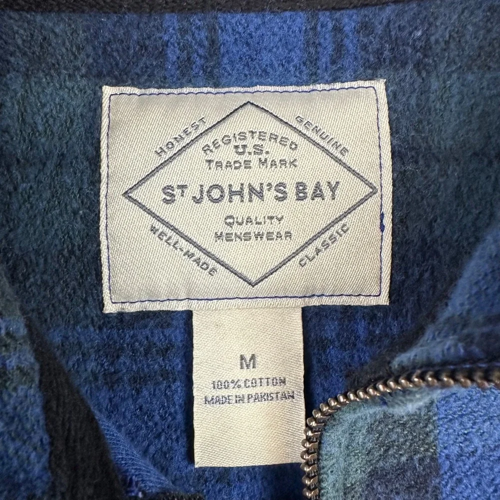 St John's Bay Pullover Mens M Blue Plaid Fleece Quarter Zip Soft Winter Casual